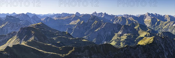 Sunrise on the Nebelhorn, 2224m, mountain panorama to the south to the Allgäu Alps, Allgäu, Bavaria, Germany, Europe