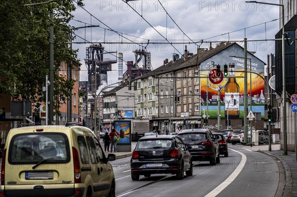 Friedrich-Ebert-Straße in Duisburg-Beeck, near the König brewery, view to the north of the Thyssenkrupp Steel steelworks, blast furnaces 8 + 9 in Duisburg-Bruckhausen, North Rhine-Westphalia, Germany, Europe