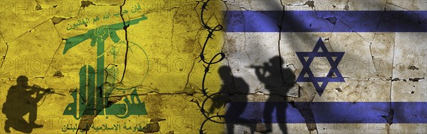 Conflict between Hezbollah and Israel concept. Israel vs Hezbollah flag on cracked wall. Political tension between Hezbollah and Israel