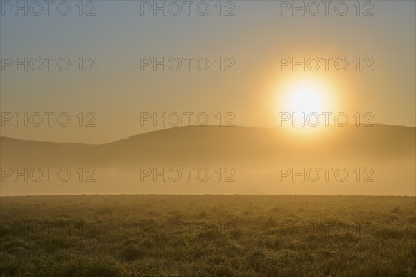 Sunrise over a misty hilly landscape with green meadow and trees in a peaceful atmosphere, Mönchberg, Miltenberg, Spessart, Bavaria, Germany, Europe