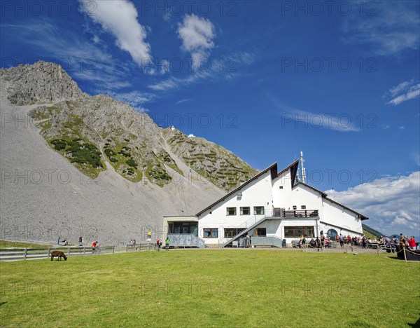 Restaurant and service building at the Seegrube, Innsbrucker Nordkettenbahnen, mountains of the Nordkette of the Alps, Innsbruck, Tyrol, Austria, Europe
