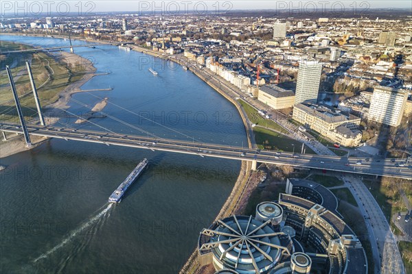 View over the city centre of Düsseldorf, state parliament, Rheinknie bridge over the Rhine, old town bank, from North Rhine-Westphalia, Germany, Europe