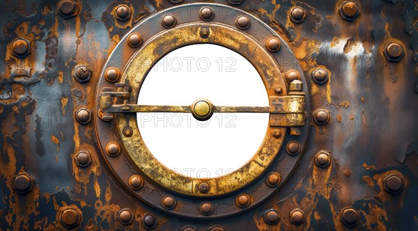 Vintage aged brass ship porthole mounted on a rusty iron hull with a white background. generative AI, AI generated