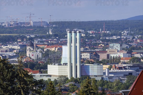 Cityscape Dresden with power station Nossener Brücke, Yenidze and construction site Infineon, distant view of Dresden seen from the west, Dresden, Saxony, Germany, Europe