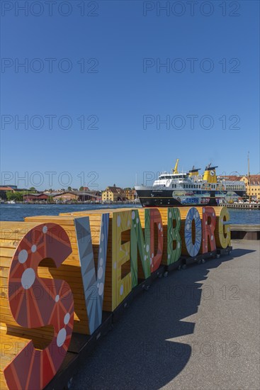 Maritime Svendborg, Frederiksø, Frederiks Island in the harbour, colourful lettering, old warehouse, Ærø ferry, Great Belt, Baltic Sea, Fyn, Fyn Island, Denmark, Europe