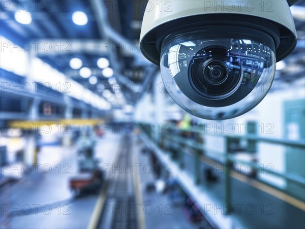 CCTV security safety camera provides surveillance, privacy and protection to business warehouse, AI generated