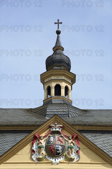 Spire with historical coat of arms on the town hall built in 1770, Kirn, Hunsrück, Rhineland-Palatinate, Germany, Europe