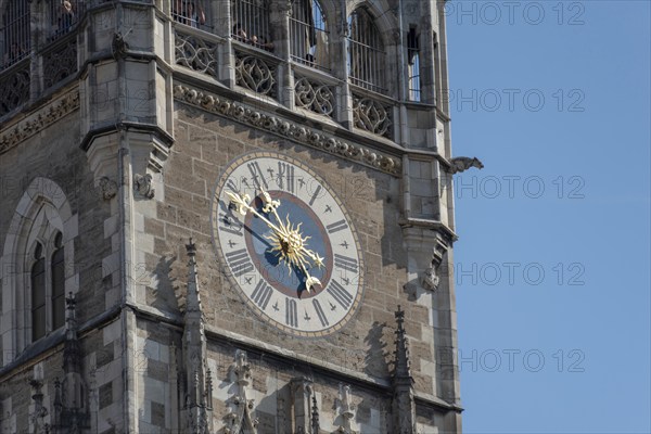 Tower clock, New Town Hall Munich, Neo-Gothic, Marienplatz, Munich, Bavaria, Germany, Europe