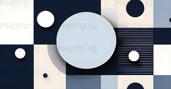 Minimalist composition of overlapping geometric shapes, such as circles, squares, and triangles, with clean lines and muted pastel colors, AI generated
