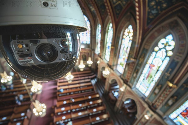 A surveillance camera, CCTV, in a church, protection against vandalism, AI generated, AI generated, AI generated