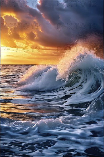 Blue ocean wave cresting with feral energy, AI generated
