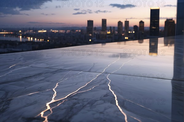 Marble ground with smooth reflective surface framing a view of a contemporary cityscape, AI generated