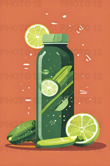 Abstract wallpaper composition with bottle of delicious green detox juice and fruits and vegetables, AI generated