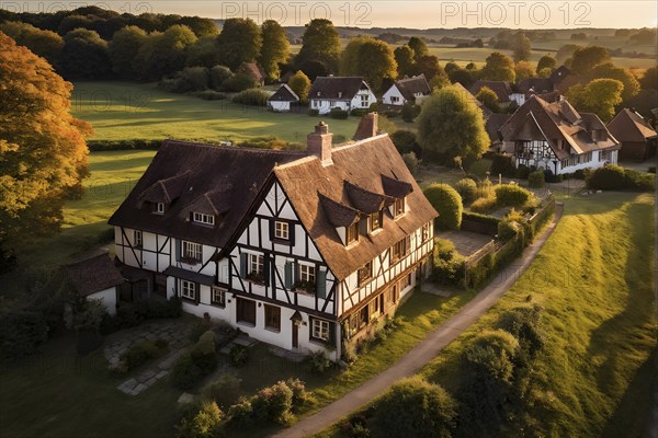 Traditional half timbered house nestled within the heart of a picturesque village in golden hour light, AI generated