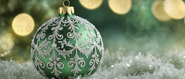 Close up of a frosted green Christmas ornament, detailed with tiny ice crystals, delicate carvings, and a soft glow, AI generated