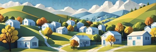Landscape set in paper art style featuring houses tucked between verdant trees and rolling hills, AI generated
