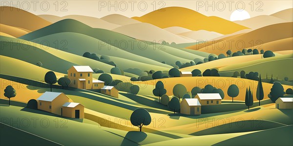 Landscape set in paper art style featuring houses tucked between verdant trees and rolling hills, AI generated