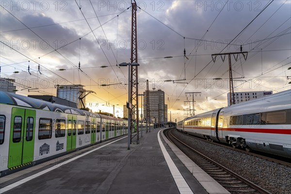 North Rhine-Westphalia, Germany, ICE train leaving Essen main station, regional train arriving, on platform, Europe