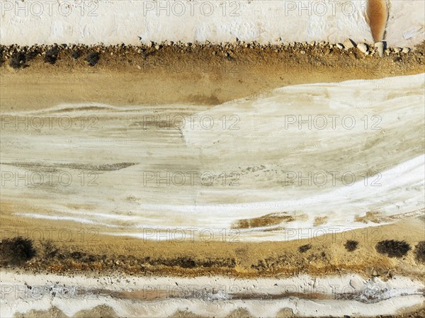 Detail at the Bonanza salt works near Sanlúcar de Barrameda. Aerial view. Drone shot. Cádiz province, Andalusia, Spain, Europe