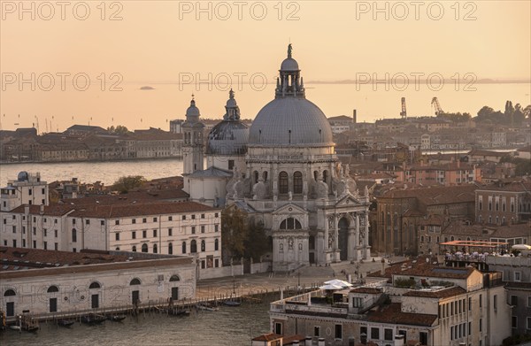 Basilica di Santa Maria della Salute on the Grand Canal at sunset, view from the Campanile di San Marco bell tower, city view of Venice, Veneto, Italy, Europe