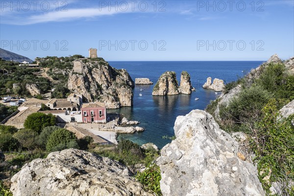 Tonnara di Scopello, historic tuna fishing site in the picturesque rocky bay of Scopello, Sicily, Italy, Europe