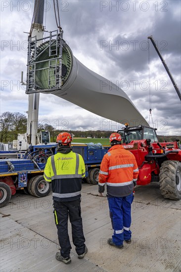 Preparation for the transport of a 68 metre long blade, a wind turbine, with a self-propelled Blade-Lifter vehicle, over a 40 km long route in the Bergisches Land, through towns, villages, over country roads, narrow through roads, to the construction site of the wind turbine near Hagen, North Rhine-Westphalia, Germany, Europe