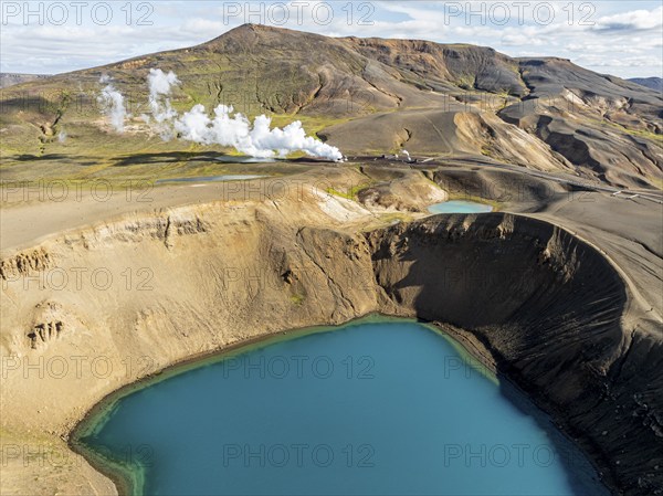 Aerial view of blue lake in the Viti volcano crater at Krafla power plant, Myvatn region, Iceland, Europe