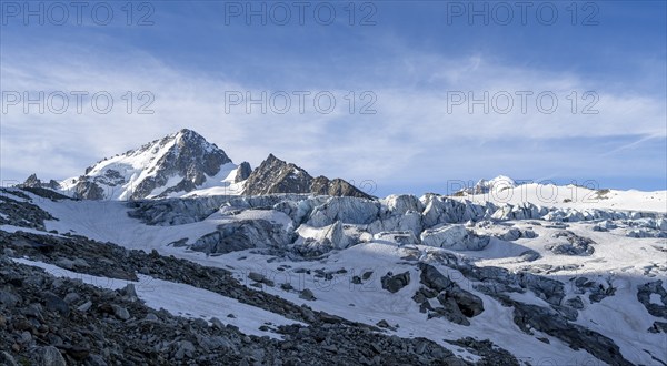High alpine mountain landscape, summit of the Aiguille de Chardonnet and Glacier du Tour, glaciers and mountain peaks, Chamonix, Haute-Savoie, France, Europe