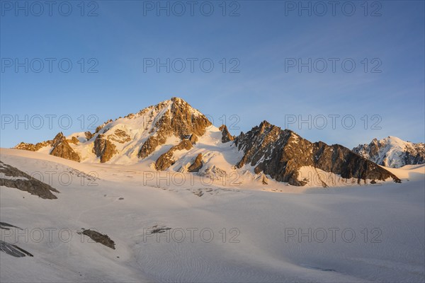 High alpine mountain landscape at sunset, Glacier du Tour, Glacier and mountain peaks in the evening light, summit of the Aiguille de Chardonnet, Chamonix, Haute-Savoie, France, Europe