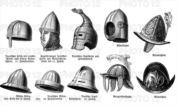 Helmets from various periods from the 11th century to the 18th century, illustration from 1880, historical, digital reproduction of an original from the 19th century