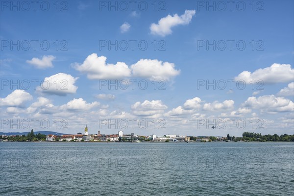 View from the car ferry across Lake Constance to the shore of Lake Constance with the city of Friedrichshafen, Lake Constance district, Baden-Württemberg, Germany, Europe