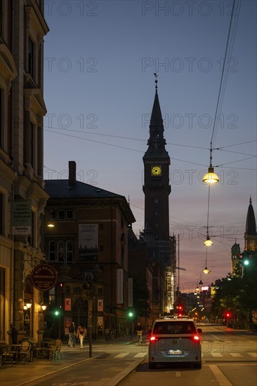 Vester Voldgade, tower, town hall in national romantic style by Martin Nyrop, evening, Copenhagen, Denmark, Europe
