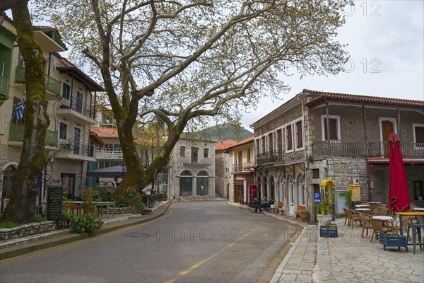 View of a quiet street with trees and traditional buildings under a cloudy sky, Andritsaina, Andritsena, Andritsena-Krestena, Elis, Western Greece, Peloponnese, Greece, Europe