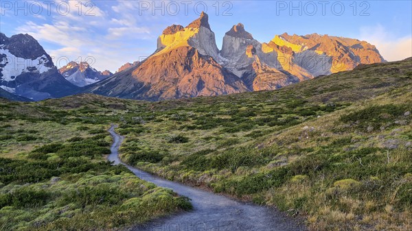 Los Cuernos, the horns, in the evening light, Torres del Paine National Park, Andes, Chile, South America