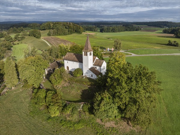 Aerial view of the Romanesque mountain church of St Michael near Büsingen am Hochrhein, district of Constance, Baden-Württemberg, Germany, Europe