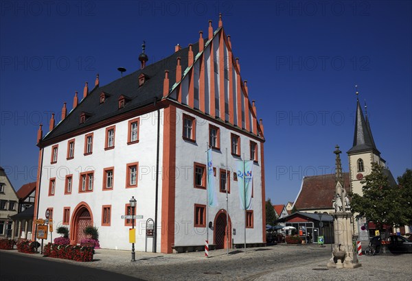 Old town hall and parish church, Hassfurt, Hassberge district, Lower Franconia, Bavaria, Germany, Europe