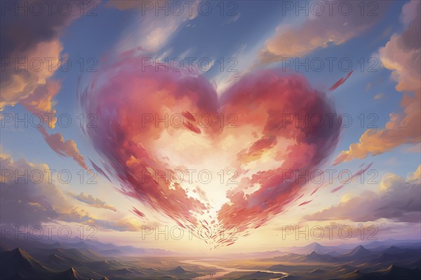 Painting of a heart-shaped cloud illuminated by the warm hues of sunset, floating above a serene sea of clouds. For love, romance, tenderness and Valentine day design, AI generated