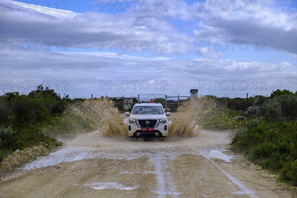 Jepp drives through water, De Hoop Nature Reserve, nature reserve near Struisbaai, Garden Route, Western Cape, South Africa, Africa
