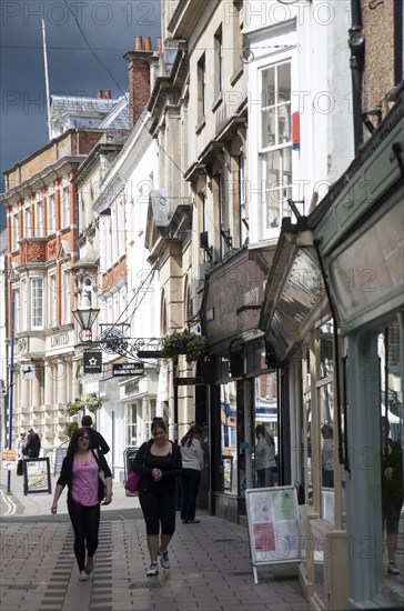 Historic buildings in Little Brittox shopping street, Devizes, Wiltshire, England, United Kingdom, Europe