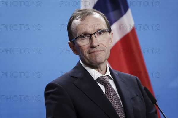 Espen Barth Eide, Minister of Foreign Affairs of the Kingdom of Norway, and Annalena Bärbock (Alliance 90/The Greens) (not in the picture), Federal Minister for Foreign Affairs, at a joint press conference in Berlin, 14 March 2024. Photographed on behalf of the Federal Foreign Office