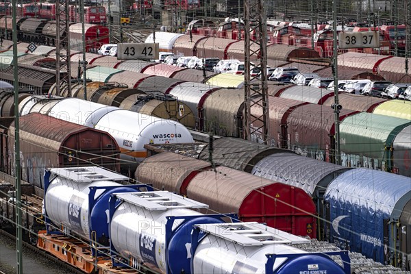The Hagen-Vorhalle marshalling yard, one of the 9 largest in Germany, is located on the Wuppertal-Dortmund railway line and has 40 directional tracks on which goods trains are assembled, North Rhine-Westphalia, Germany, Europe