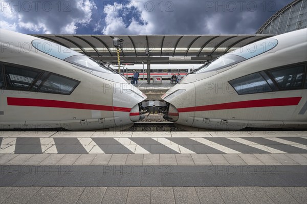 Two Intercity trains ICEs coupled together, Nuremberg main station, Central Franconia Bavaria, Germany, Europe