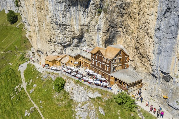 Ebenalp, Guest house Aescher, Wildkirchli under the Ascher cliff, aerial view, Ebenalp, Appenzell, Switzerland, Europe