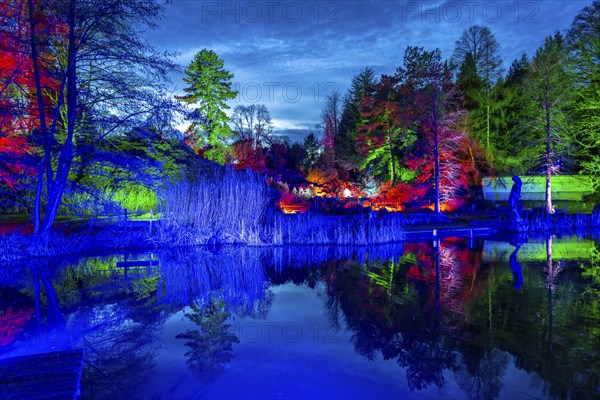 Parkleuchten, event in winter, in the Grugapark in Essen, many different light installations, across the park, attract many thousands of visitors, North Rhine-Westphalia, Germany, Europe