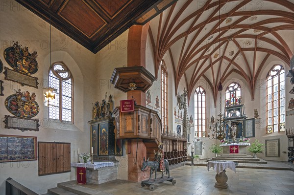 Church interior with Renaissance high altar from 1611, Gothic St Mary's Church, Kalbensteinberg, Middle Franconia, Bavaria, Germany, Europe