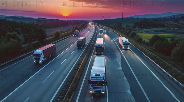 Long haul container truck carrying commercial cargo delivery between cities on a freeway, AI generated