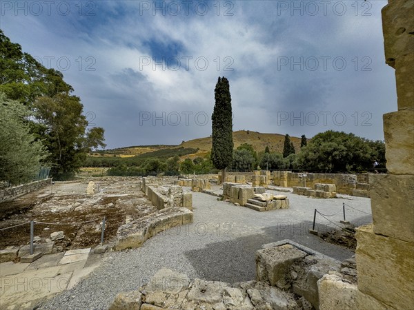 View of foundation walls of Titus Basilica: early Christian basilica from 6th century in archaeological site remains of ancient Roman city of Gortys Gortyn former capital of Crete, Gortyna, Crete, Greece, Europe
