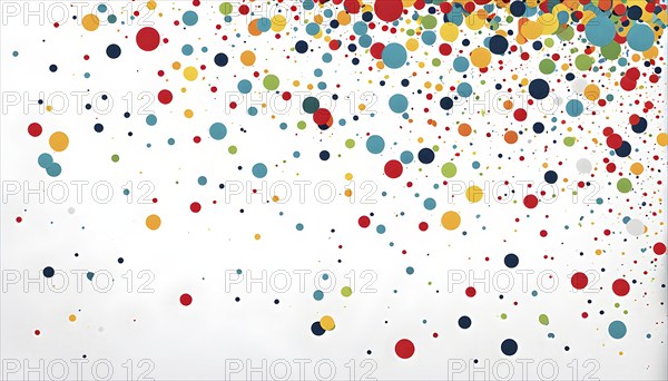 Abstract New Years Eve confetti explosion, with minimalist colored squares and circles falling through an empty white background, AI generated