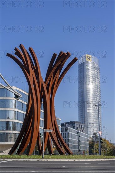 The Posttower, headquarters of Deutsche Post, high-rise building in Bonn, Helmut-Schmidt-Platz, artwork Arc 89 by Bernar Venet, North Rhine-Westphalia, Germany, Europe