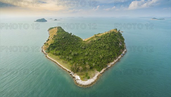 Symbol, small heart-shaped island in the sea, love island, honeymoon, aerial view, AI-generated, AI generated
